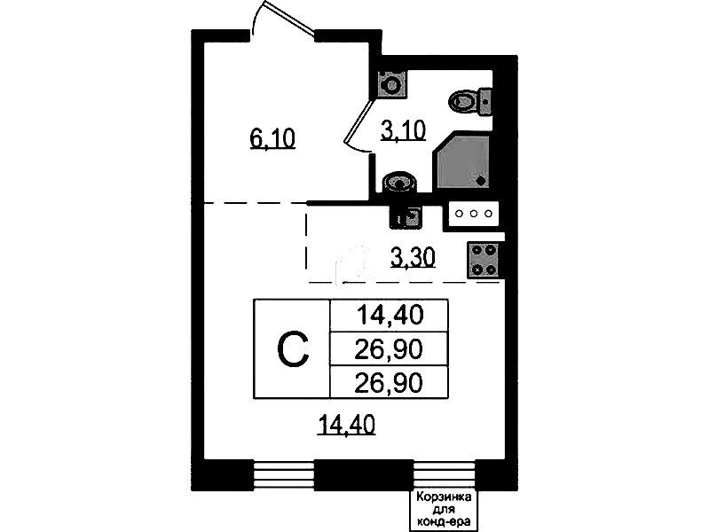 Квартира студия 26.9 м², 6/10 эт., ЖК «Курортный квартал»